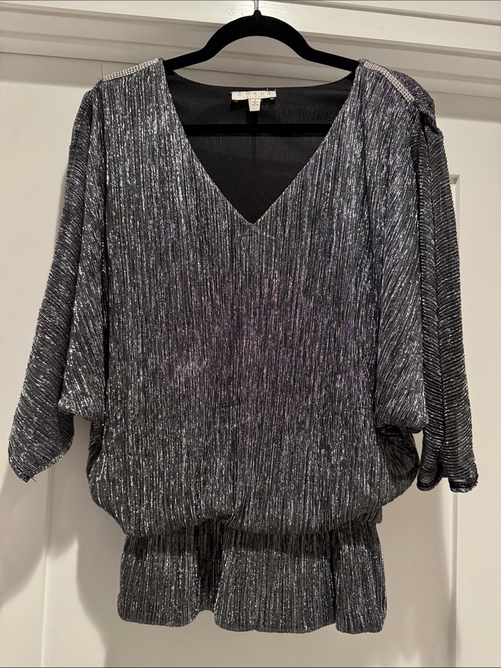 Chaus Metallic Black Silver V-Neck Dolman Blouse